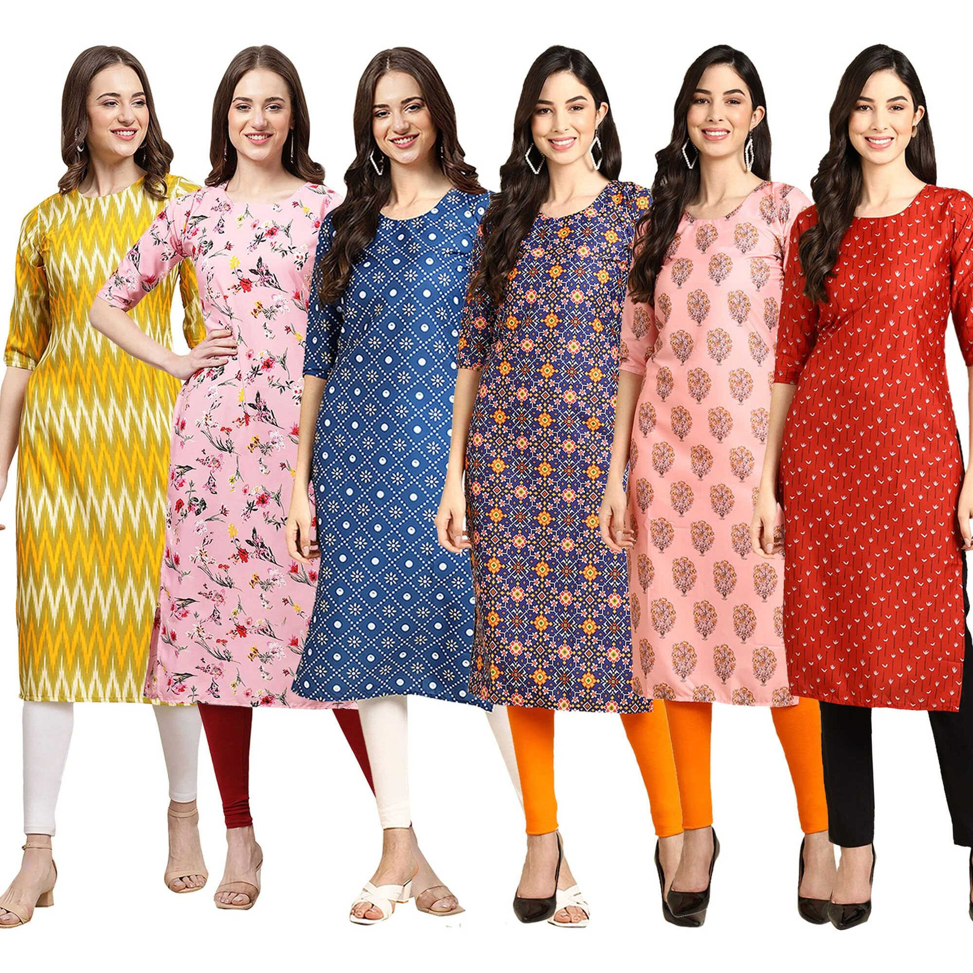 Pinkmint Women's Crepe Digital Print Straight Kurta Pack Of 6 [Cr-329-339-353-369-368-370-M]