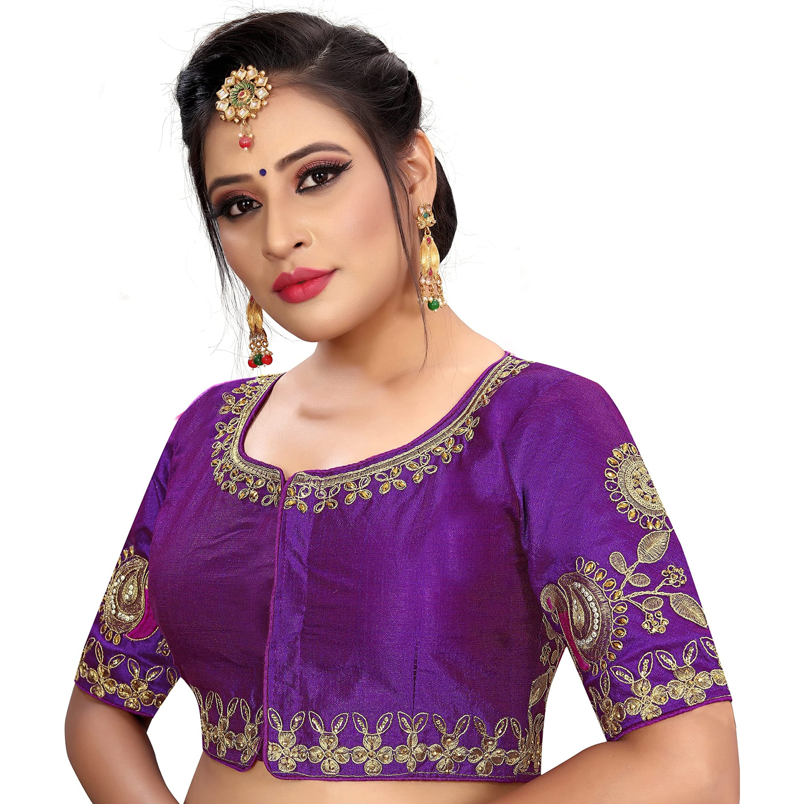 Pujia Mills Women's Phantom Silk Elephant Half Sleeve Saree Blouse (Dumbo_2 Shade Purple_38 Size+Margin)
