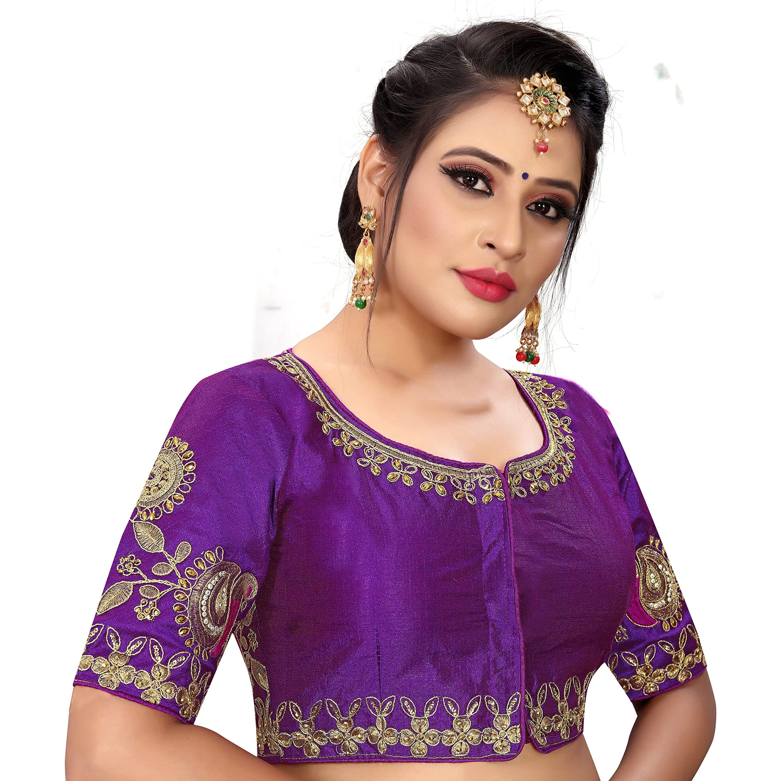 Pujia Mills Women's Phantom Silk Elephant Half Sleeve Saree Blouse (Dumbo_2 Shade Purple_38 Size+Margin)