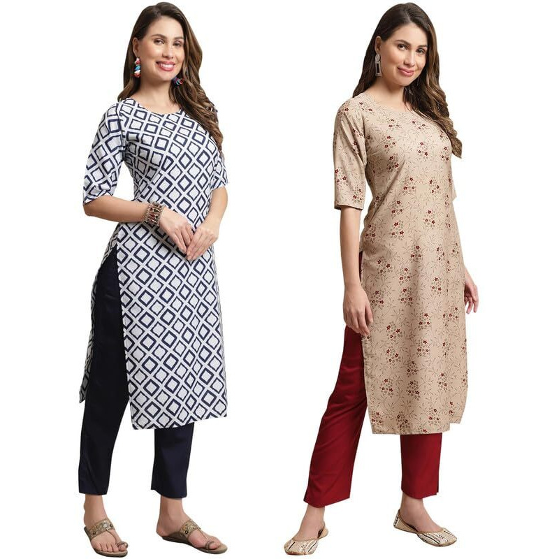 Pinkmint Women's Crepe Kurta Pant Set Kurta Set Regular Wear Kurta Pant(Pack Of 2) Blue-Beige