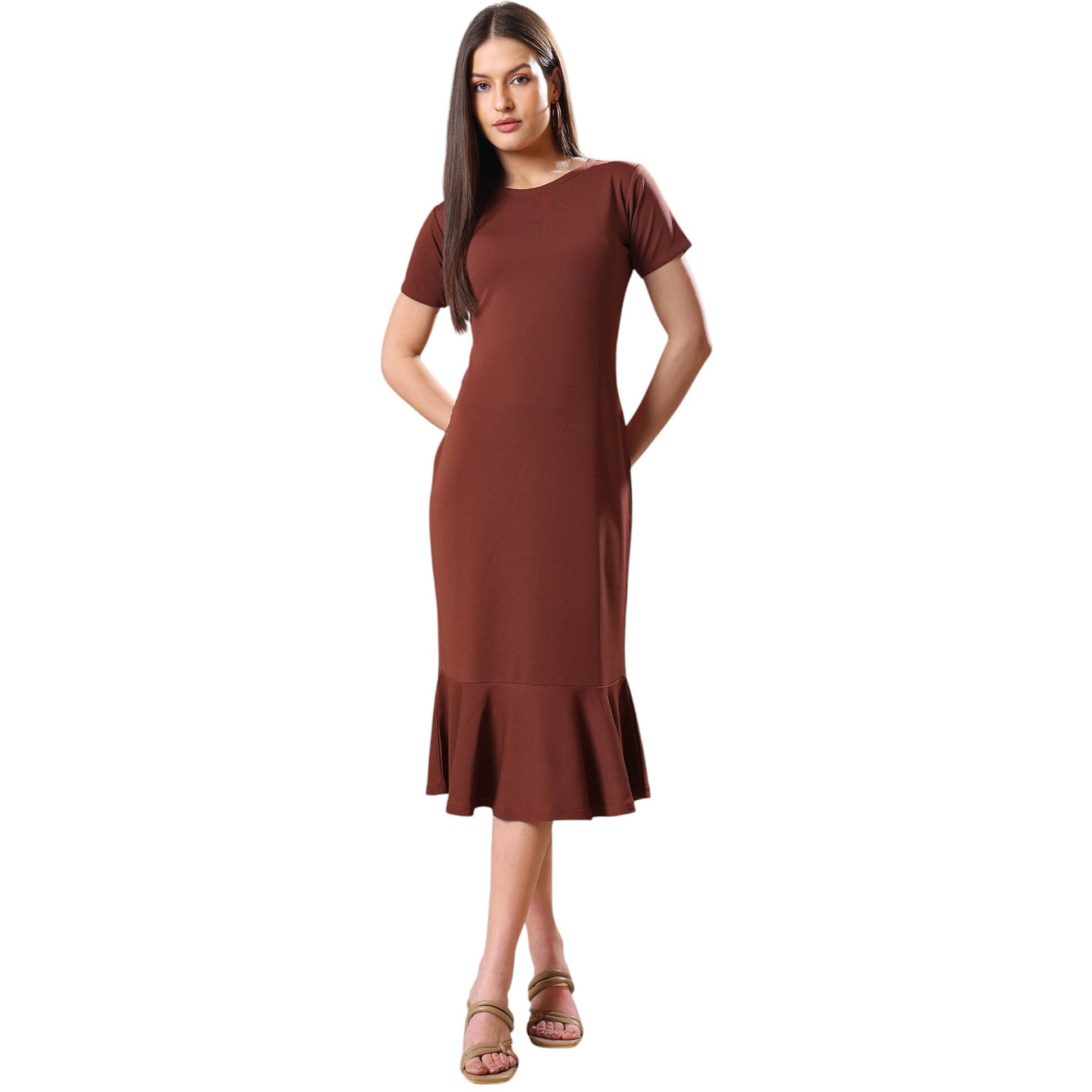 Purvaja Womens Bodycon Knee Length Dress (Bely-109_Brown_Medium)