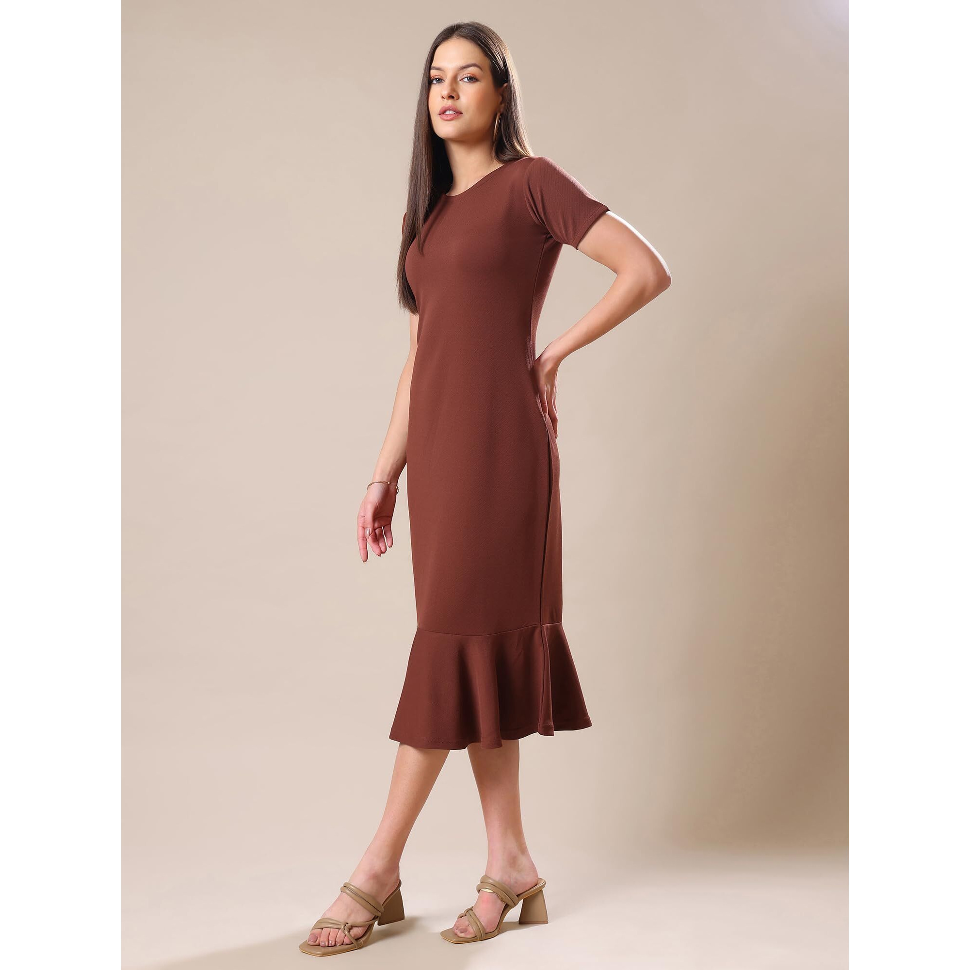 Purvaja Womens Bodycon Knee Length Dress (Bely-109_Brown_Medium)