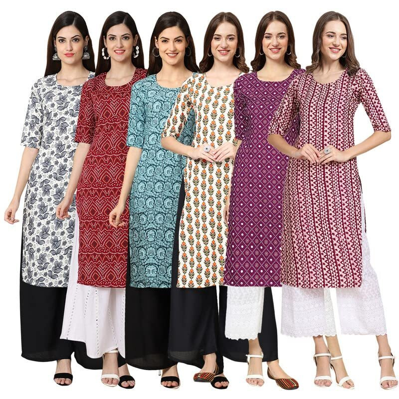 Pinkmint Women's Crepe Digital Print Straight Kurta [Pack Of 6] Multicolour