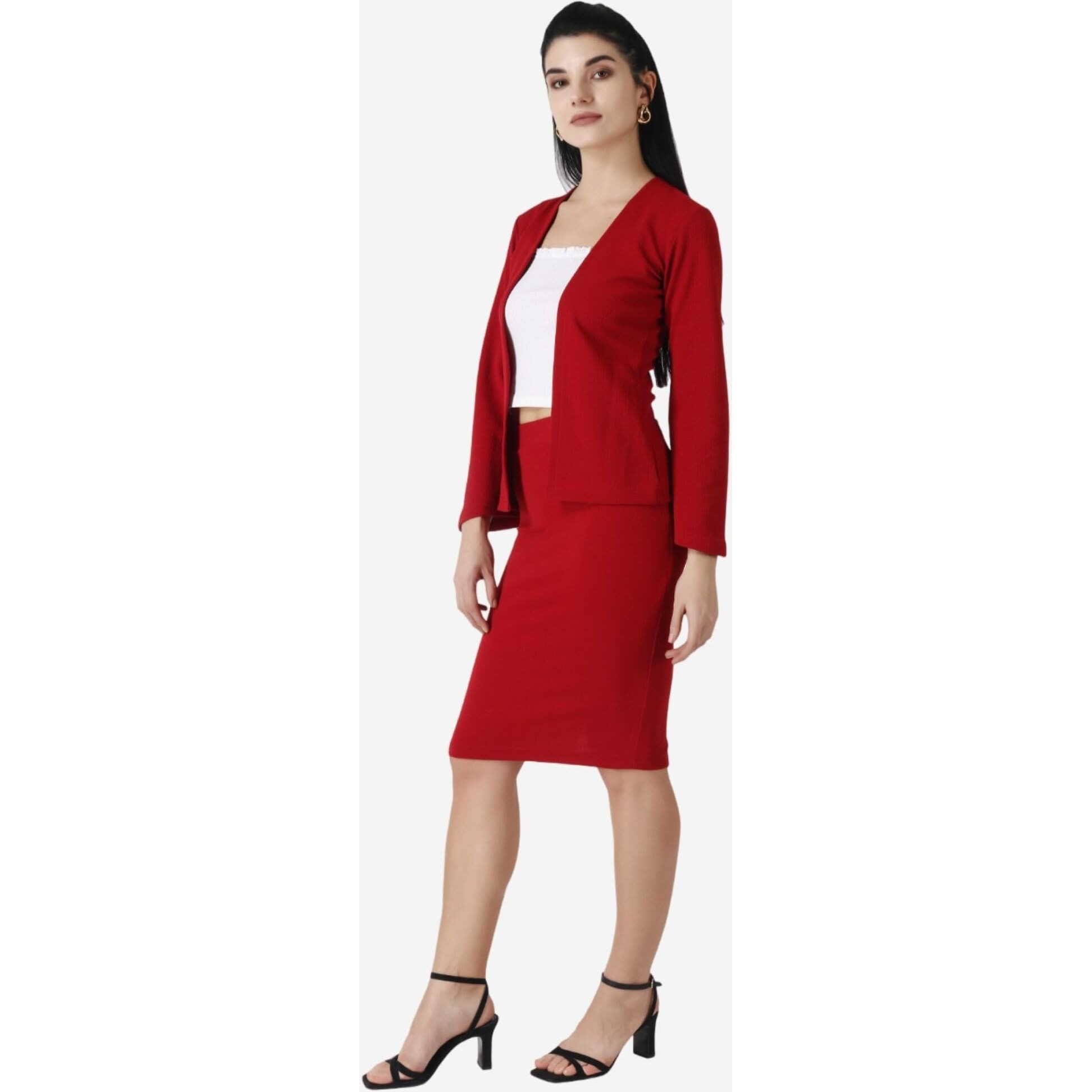Popwings Casual Solid Shrug And Knee Length Skirt Set For Women || Co-Ords Set For Women Stylish Western || Two Piece Set Women Set For Summer || Formal Co-Ord Sets For Women Maroon
