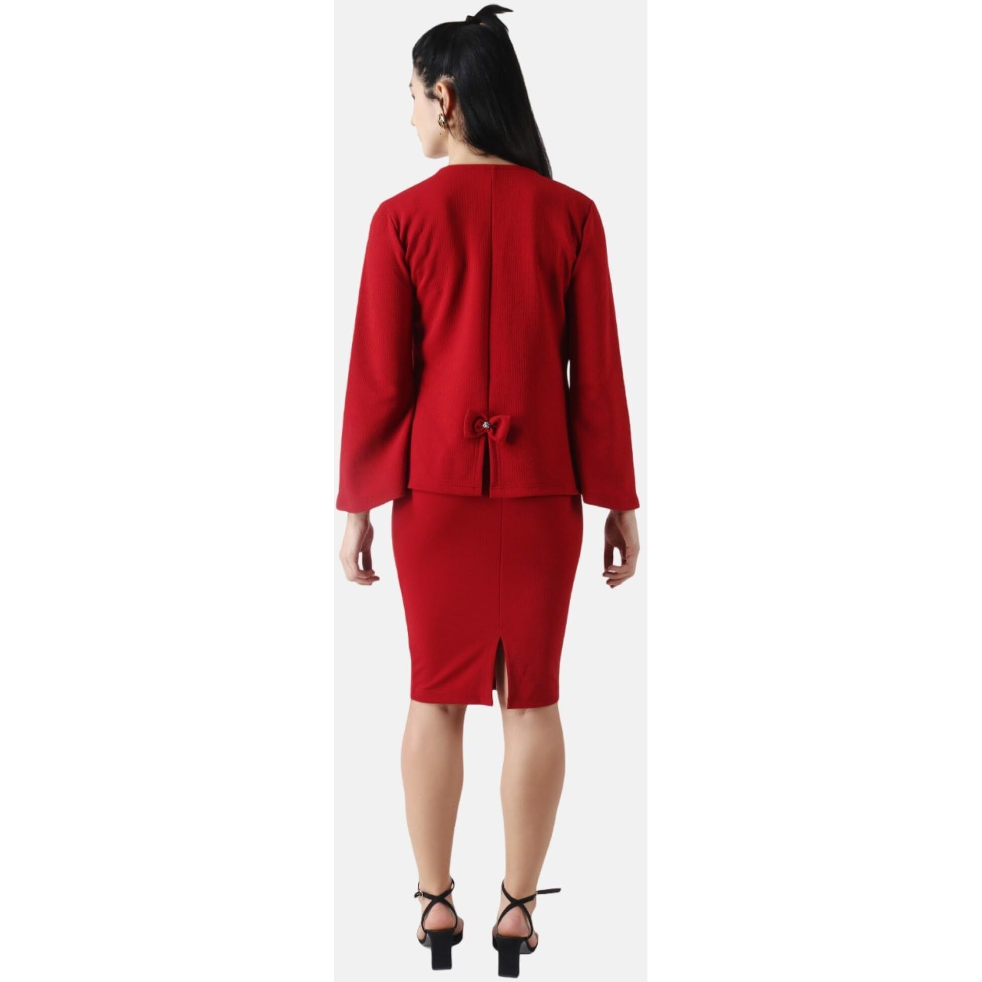 Popwings Casual Solid Shrug And Knee Length Skirt Set For Women || Co-Ords Set For Women Stylish Western || Two Piece Set Women Set For Summer || Formal Co-Ord Sets For Women Maroon