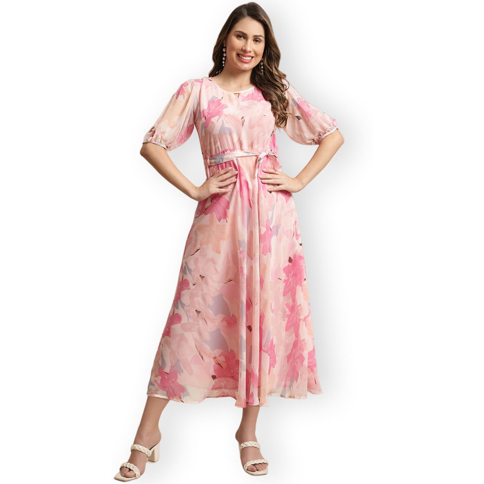 Preneum Women's Maxi Fit & Flare Latest Style Print Georgette Regular Sleeves Casual Summer Maxi Dress || Festival & Occasion, Rose Pink, M