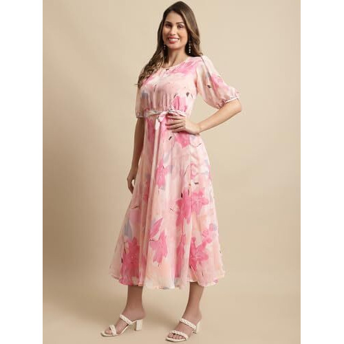 Preneum Women's Maxi Fit & Flare Latest Style Print Georgette Regular Sleeves Casual Summer Maxi Dress || Festival & Occasion, Rose Pink, M