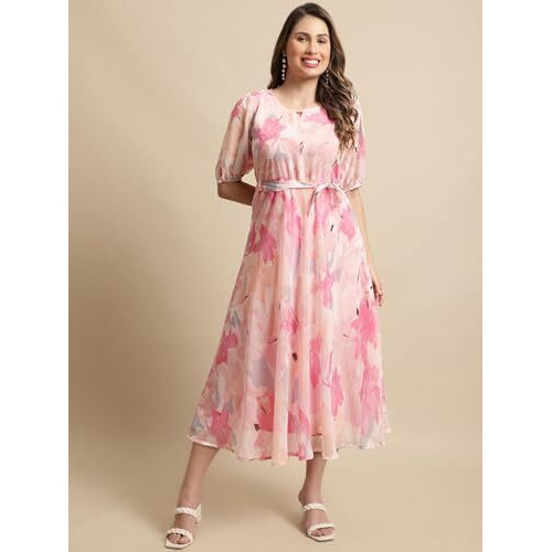 Preneum Women's Maxi Fit & Flare Latest Style Print Georgette Regular Sleeves Casual Summer Maxi Dress || Festival & Occasion, Rose Pink, M
