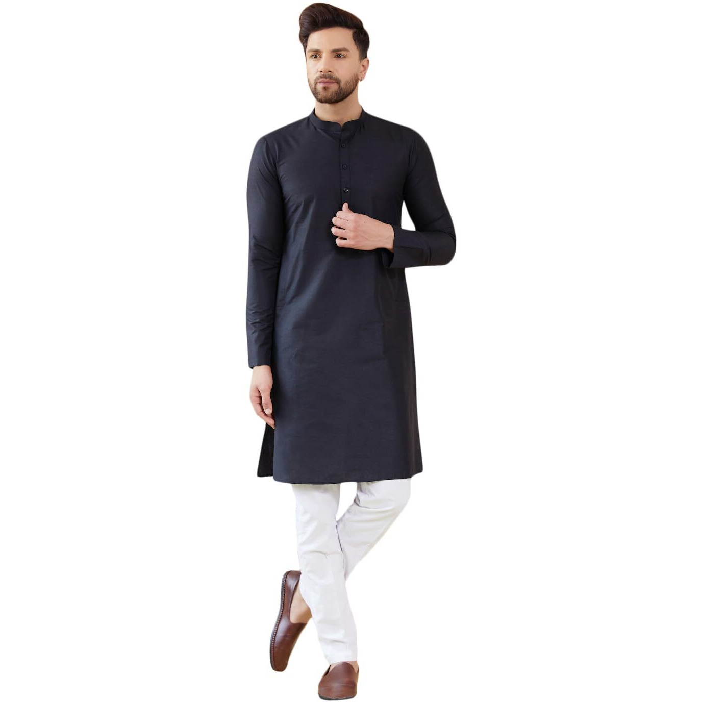 See Designs Full Sleeve Side Slit Black Cotton Solid Straight Mandarin Collar Kurta With Pyjama - Sd2Kt_241101L