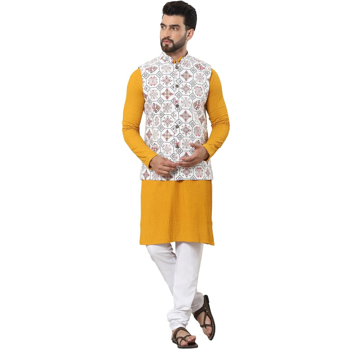 Sojanya (Since 1958 Men's Pure Cotton Mustard Kurta And White Pyjama With Printed Cream Nehru Jacket