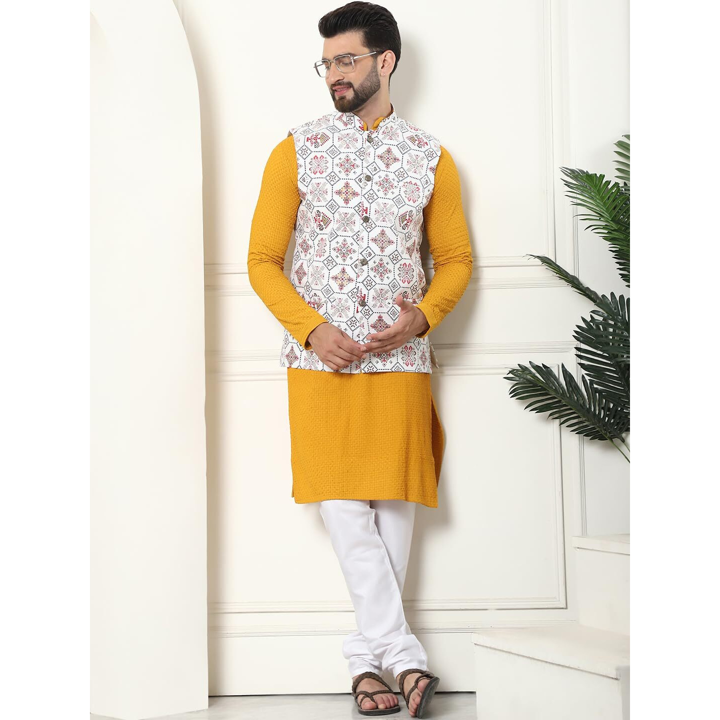 Sojanya (Since 1958 Men's Pure Cotton Mustard Kurta And White Pyjama With Printed Cream Nehru Jacket