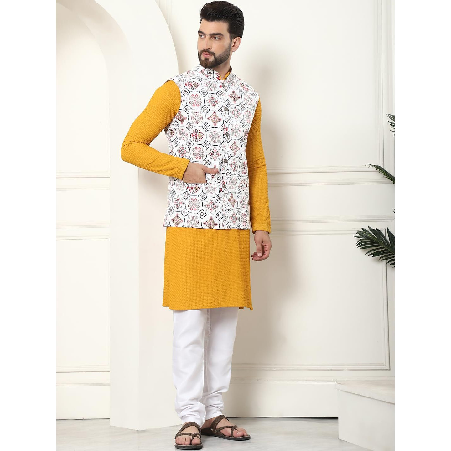 Sojanya (Since 1958 Men's Pure Cotton Mustard Kurta And White Pyjama With Printed Cream Nehru Jacket