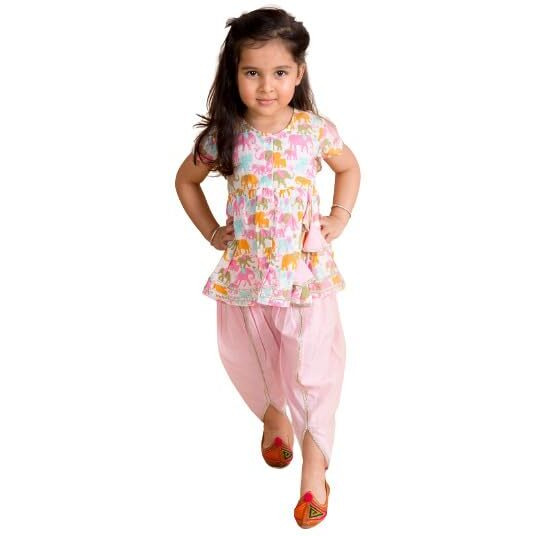 Pspeaches Girls White Ethnic Motifs Printed Pleated Gotta Patti Pure Cotton Kurti With Dhoti Pants (White-5-6Y)
