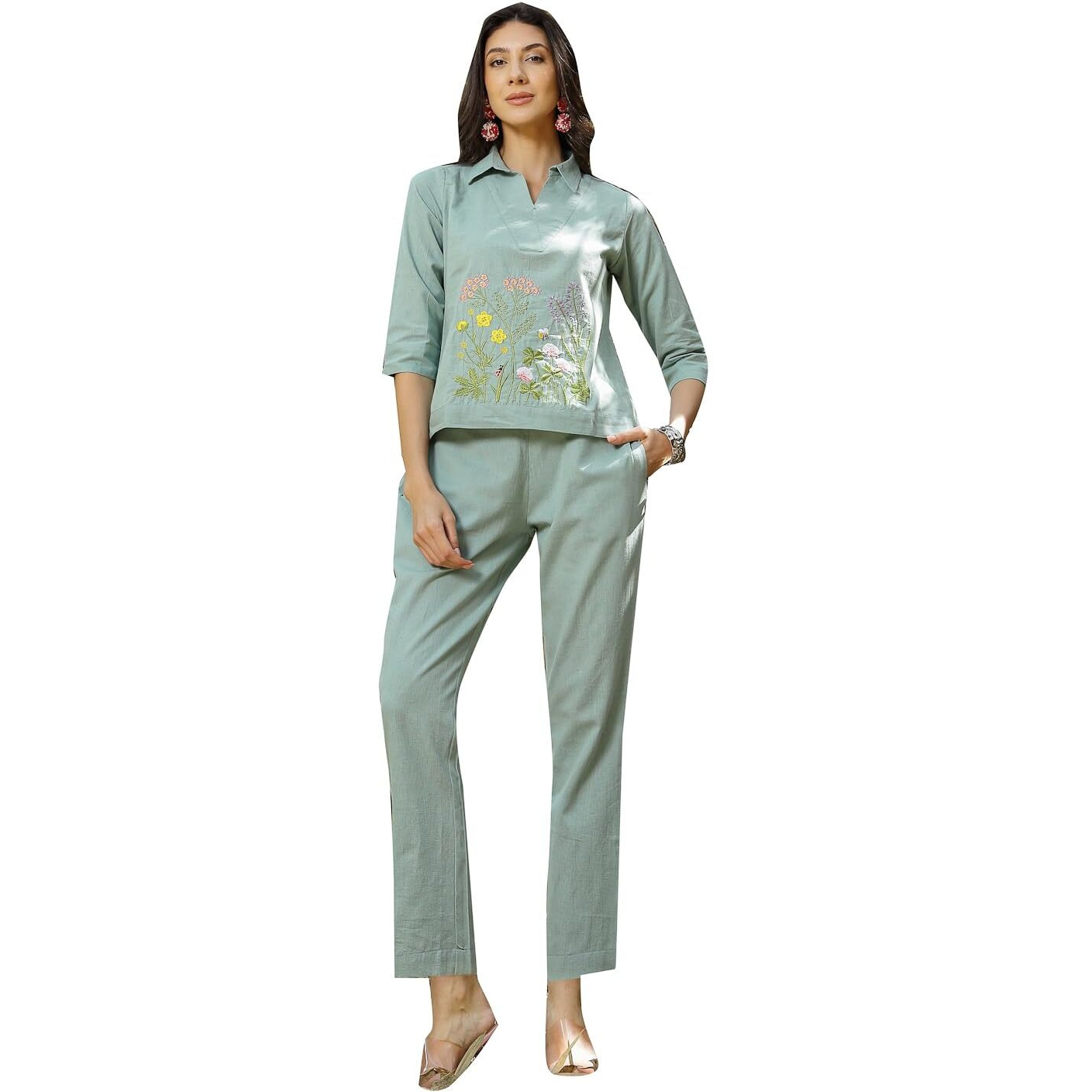 Stylum Women's Solid & Embroidered Cotton Co-Ord Set (Csturqluzon40_Turquoise, L)