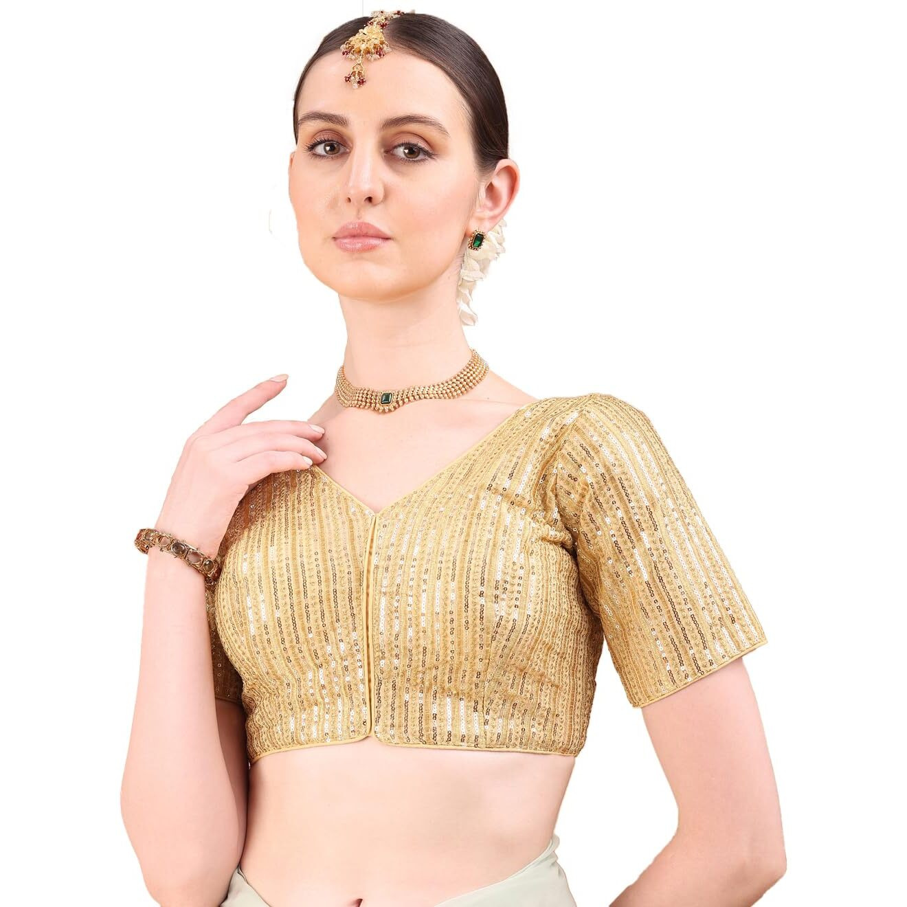 Pujia Mills Women's Indian Ethnic Wear Designer Silver Sequence With Matching Embroidered Work V Neck Half Sleeve Readymade Padded Saree Blouse Readymade Unique Gold Color Saree Blouse
