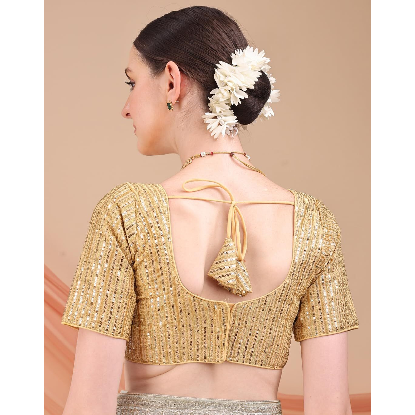 Pujia Mills Women's Indian Ethnic Wear Designer Silver Sequence With Matching Embroidered Work V Neck Half Sleeve Readymade Padded Saree Blouse Readymade Unique Gold Color Saree Blouse
