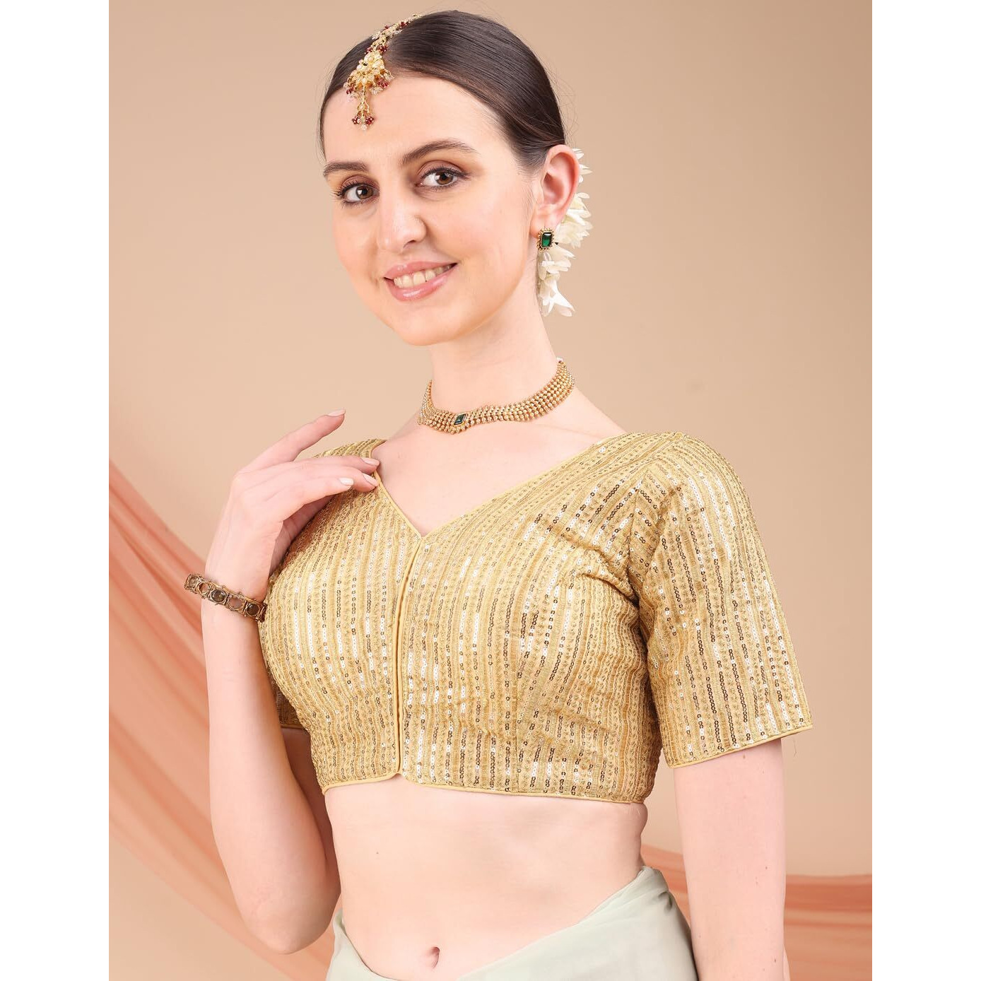 Pujia Mills Women's Indian Ethnic Wear Designer Silver Sequence With Matching Embroidered Work V Neck Half Sleeve Readymade Padded Saree Blouse Readymade Unique Gold Color Saree Blouse