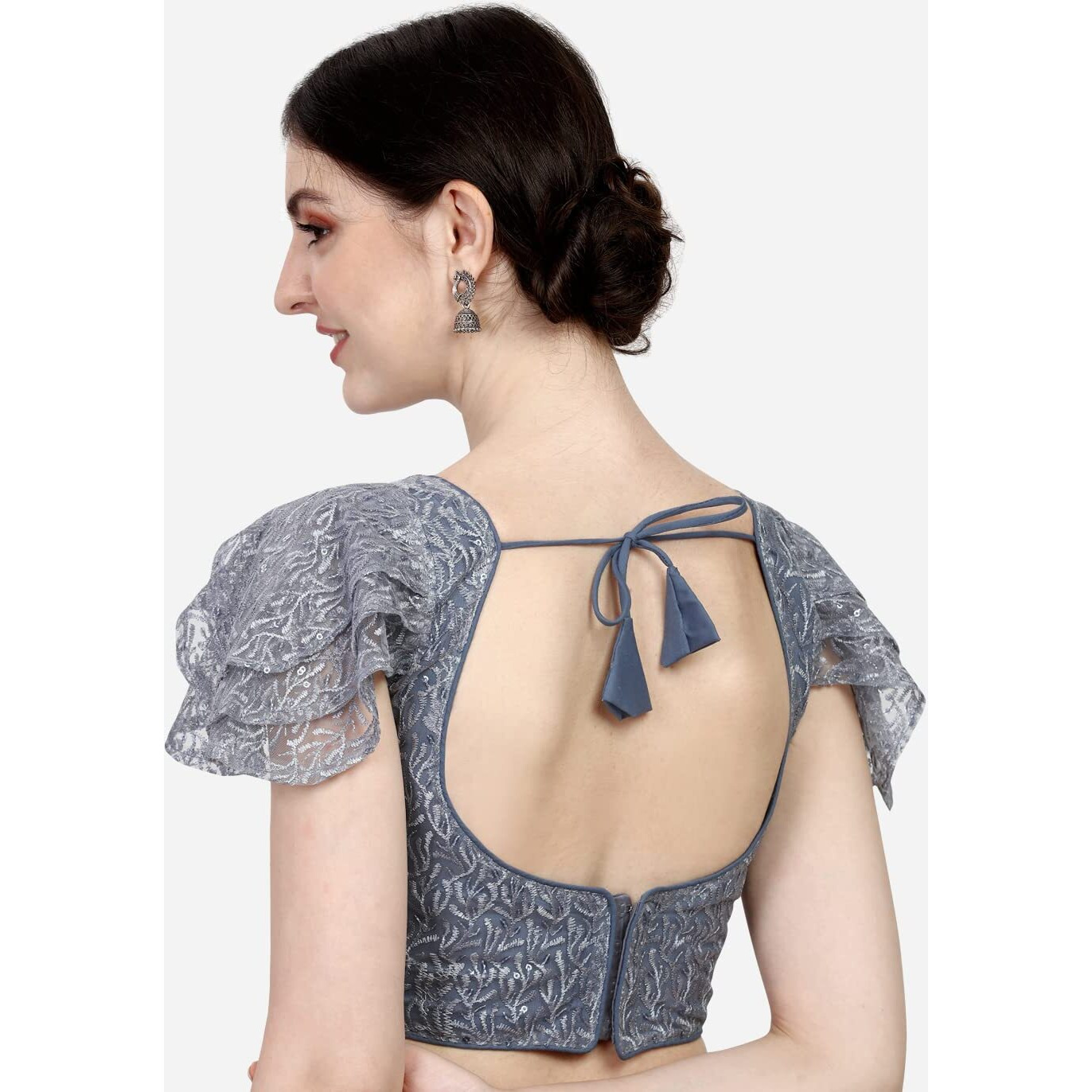 Pujia Mills Women's Shipali Net Work Ruffle Sleeve Readymade Saree Blouse (Grey, 38)