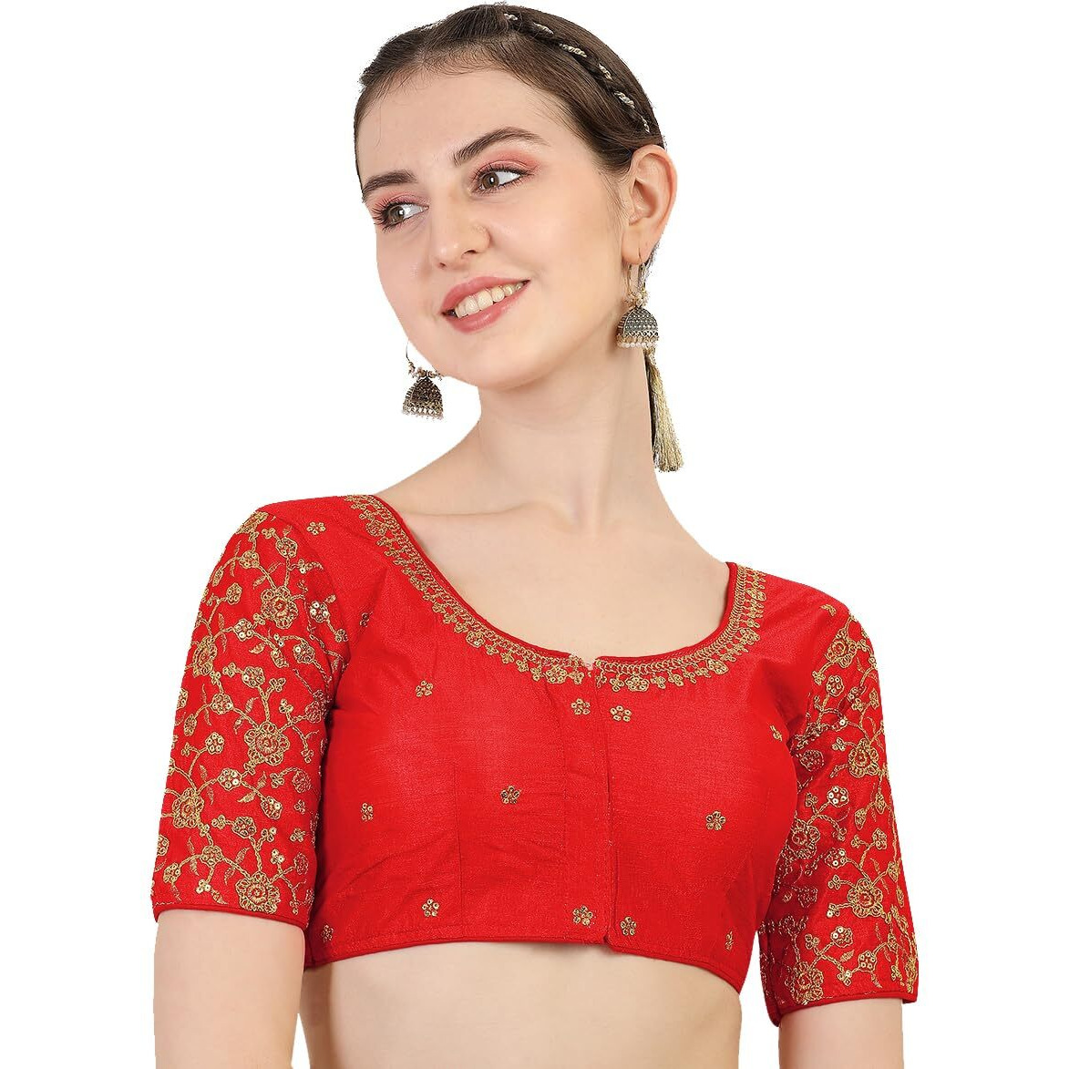 Pujia Mills Women's Phantom Silk Flowerhalf Sleeve Saree Blouse (Flowerr Blouse_Red_36 Size+Margin)