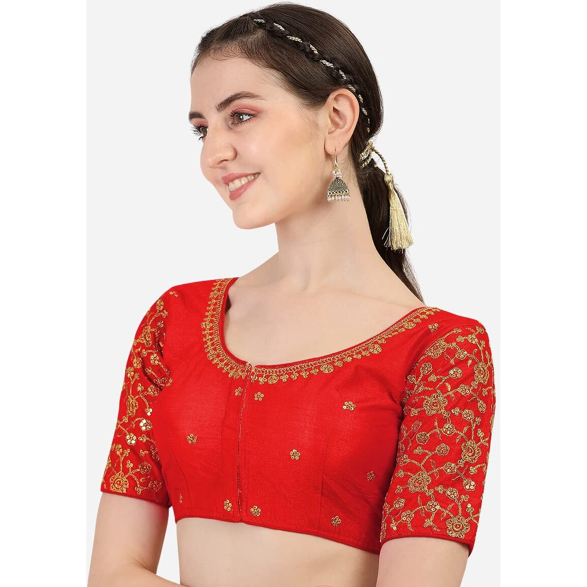 Pujia Mills Women's Phantom Silk Flowerhalf Sleeve Saree Blouse (Flowerr Blouse_Red_36 Size+Margin)