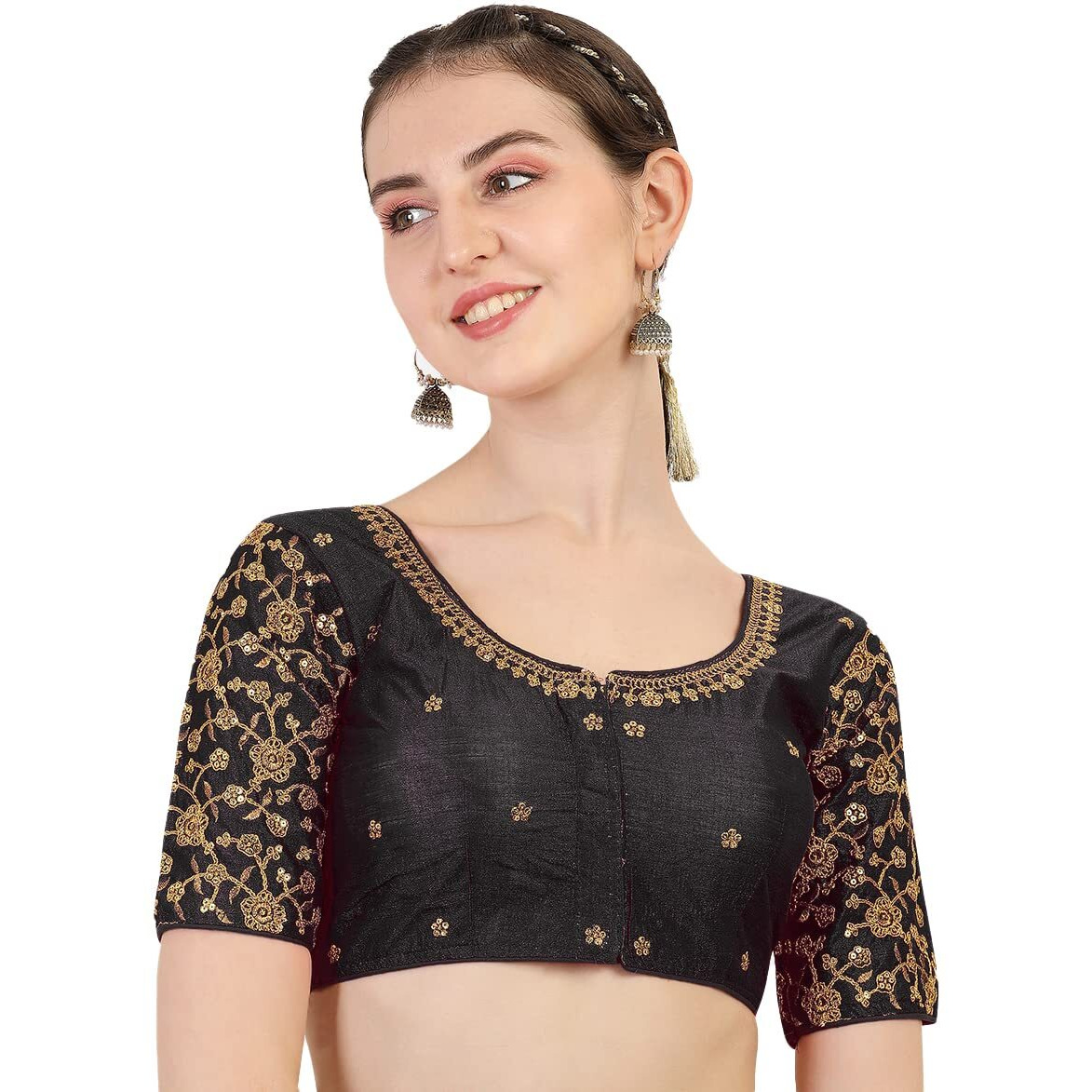 Pujia Mills Women's Phantom Silk Flowerhalf Sleeve Saree Blouse (Flowerr Blouse_Black_38 Size+Margin)