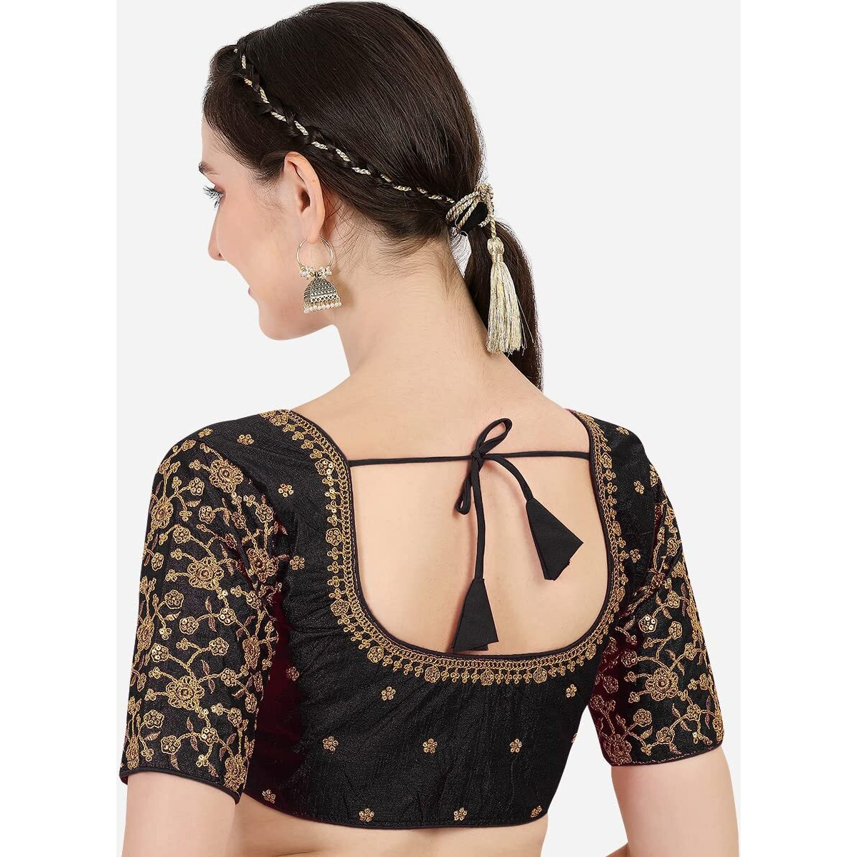 Pujia Mills Women's Phantom Silk Flowerhalf Sleeve Saree Blouse (Flowerr Blouse_Black_38 Size+Margin)