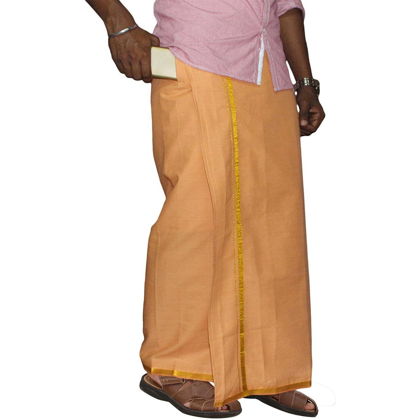Prakasam Cotton Men's Single L.Kaavi Colour Welcro Pocket Jari Dhoti With Matching Jari Towel (Hip Size -36)