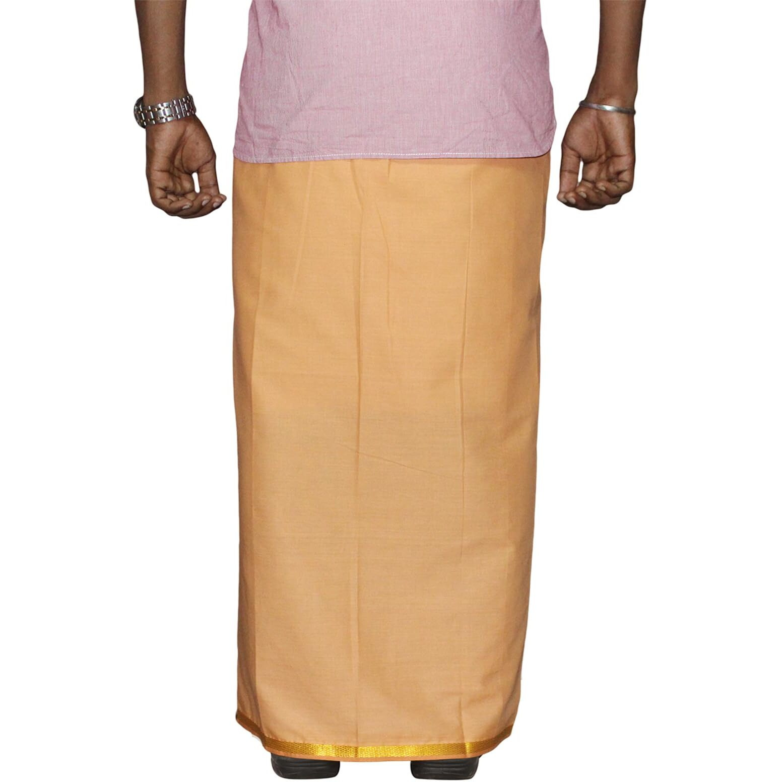 Prakasam Cotton Men's Single L.Kaavi Colour Welcro Pocket Jari Dhoti With Matching Jari Towel (Hip Size -36)
