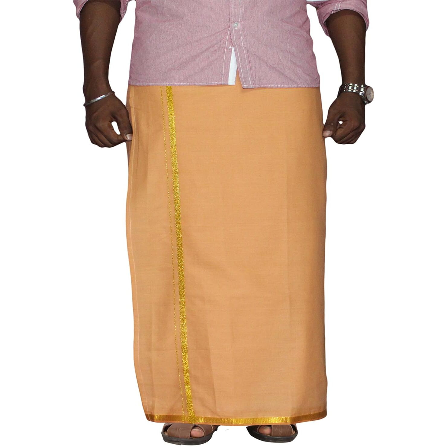 Prakasam Cotton Men's Single L.Kaavi Colour Welcro Pocket Jari Dhoti With Matching Jari Towel (Hip Size -36)