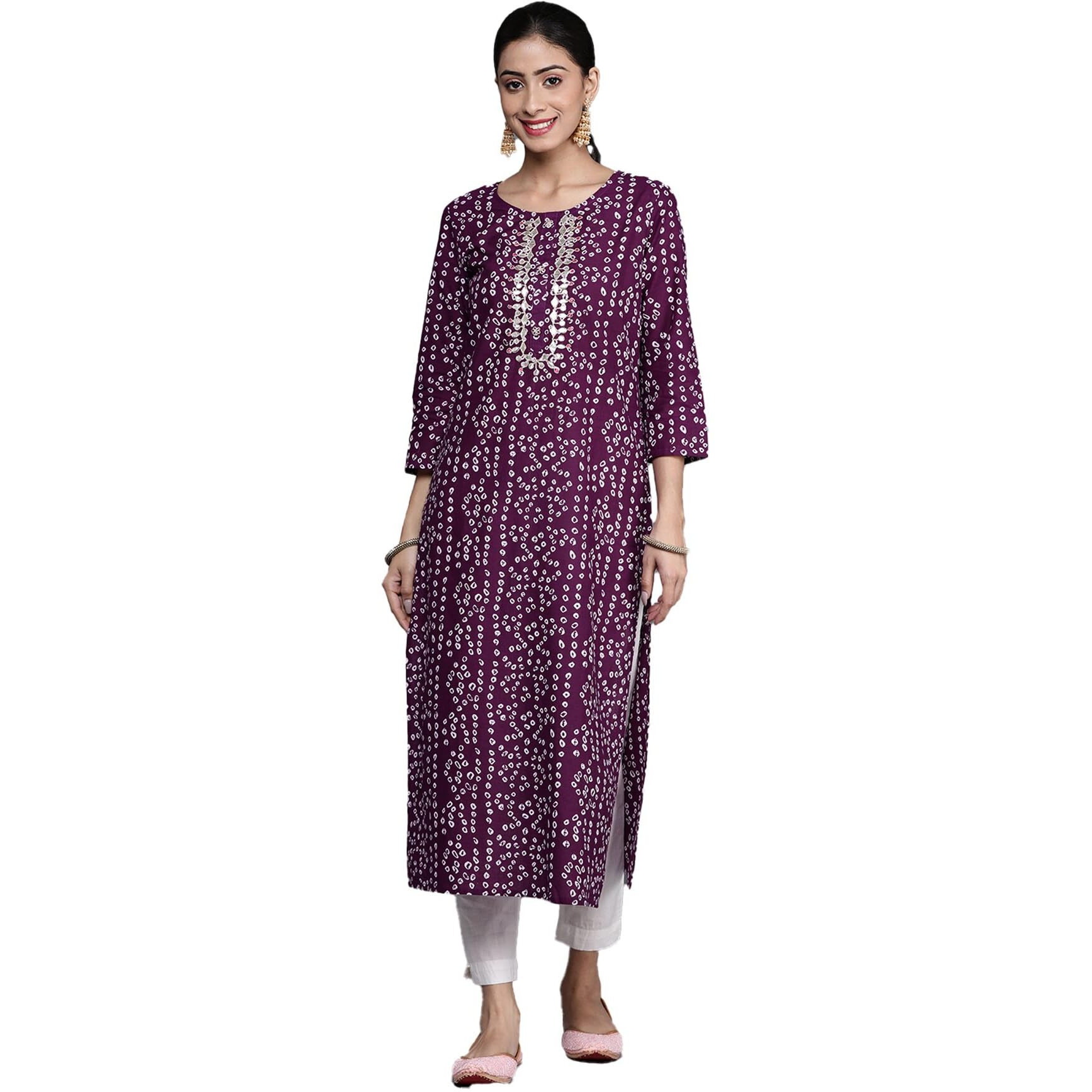 Varanga Women Purple & White Bandhani Printed Cotton Kurta With Gota Embroidery, Round Neck & 3/4Th Sleeves (Small)