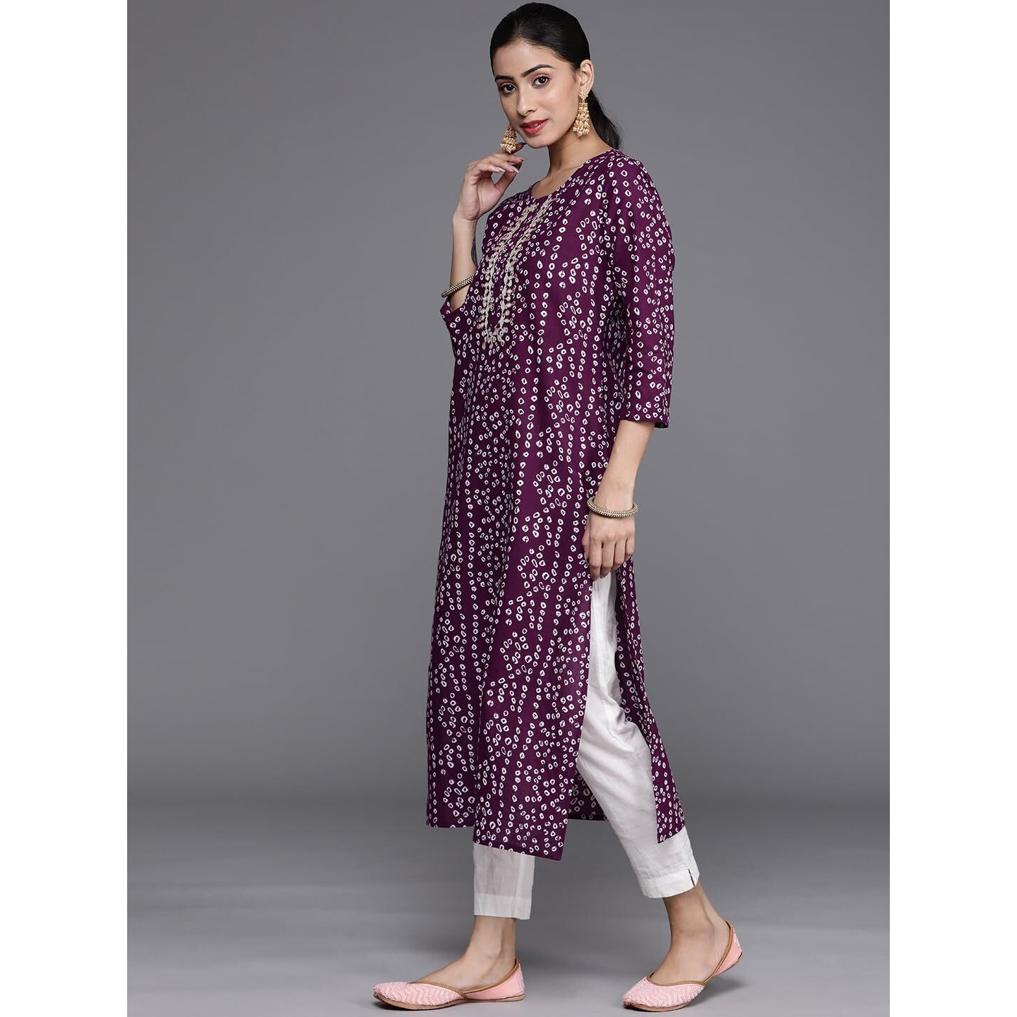 Varanga Women Purple & White Bandhani Printed Cotton Kurta With Gota Embroidery, Round Neck & 3/4Th Sleeves (Small)