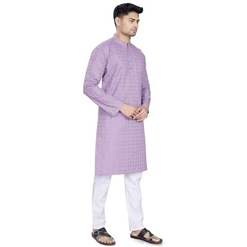 Divisive Men's Thread Embroidered Cotton Only Slim Fit Kurta (Dkrt1086_M_Lavender)