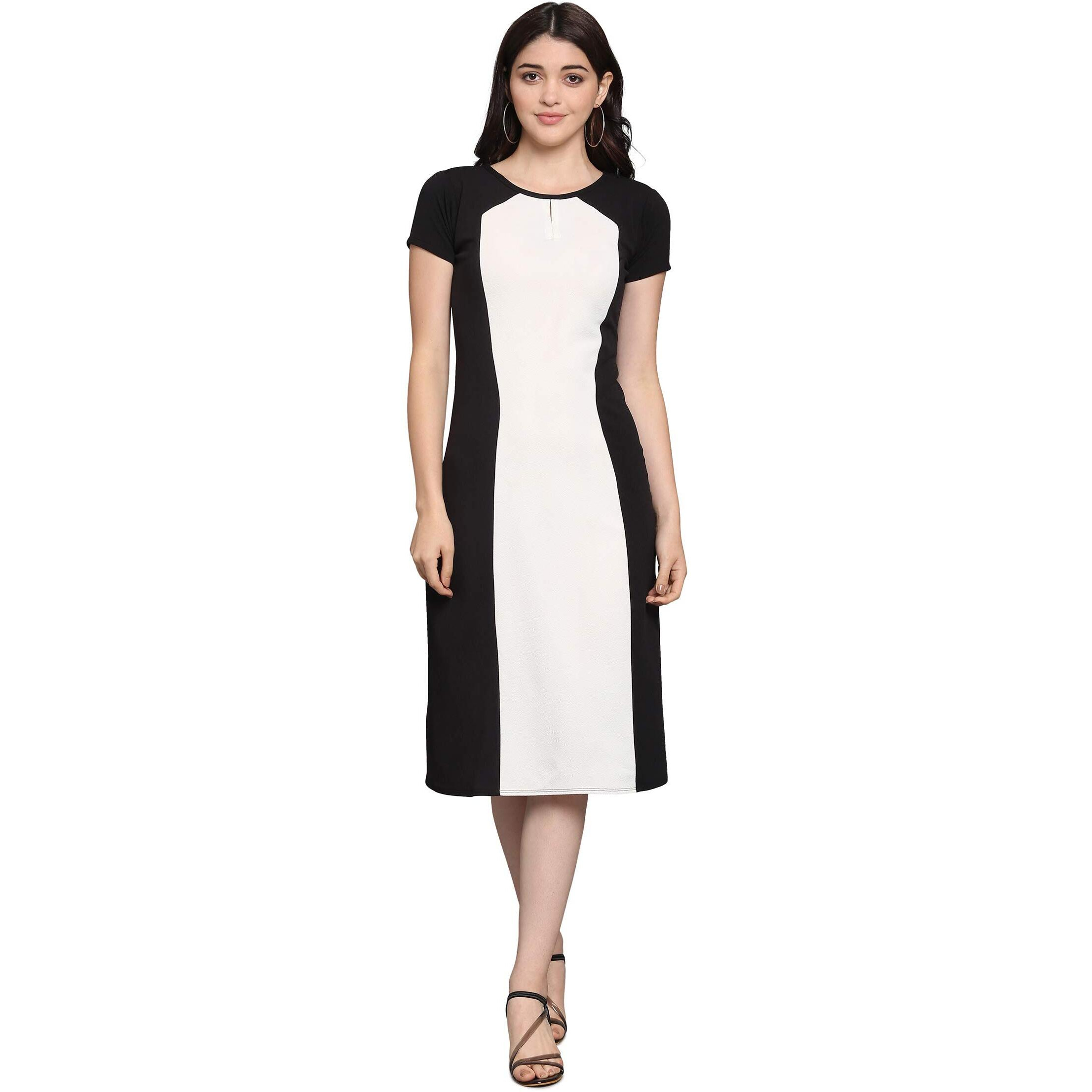 Purvaja Womens Fit & Flare Dress(Lucy-051-Wh-Bl_White-Black_Small)