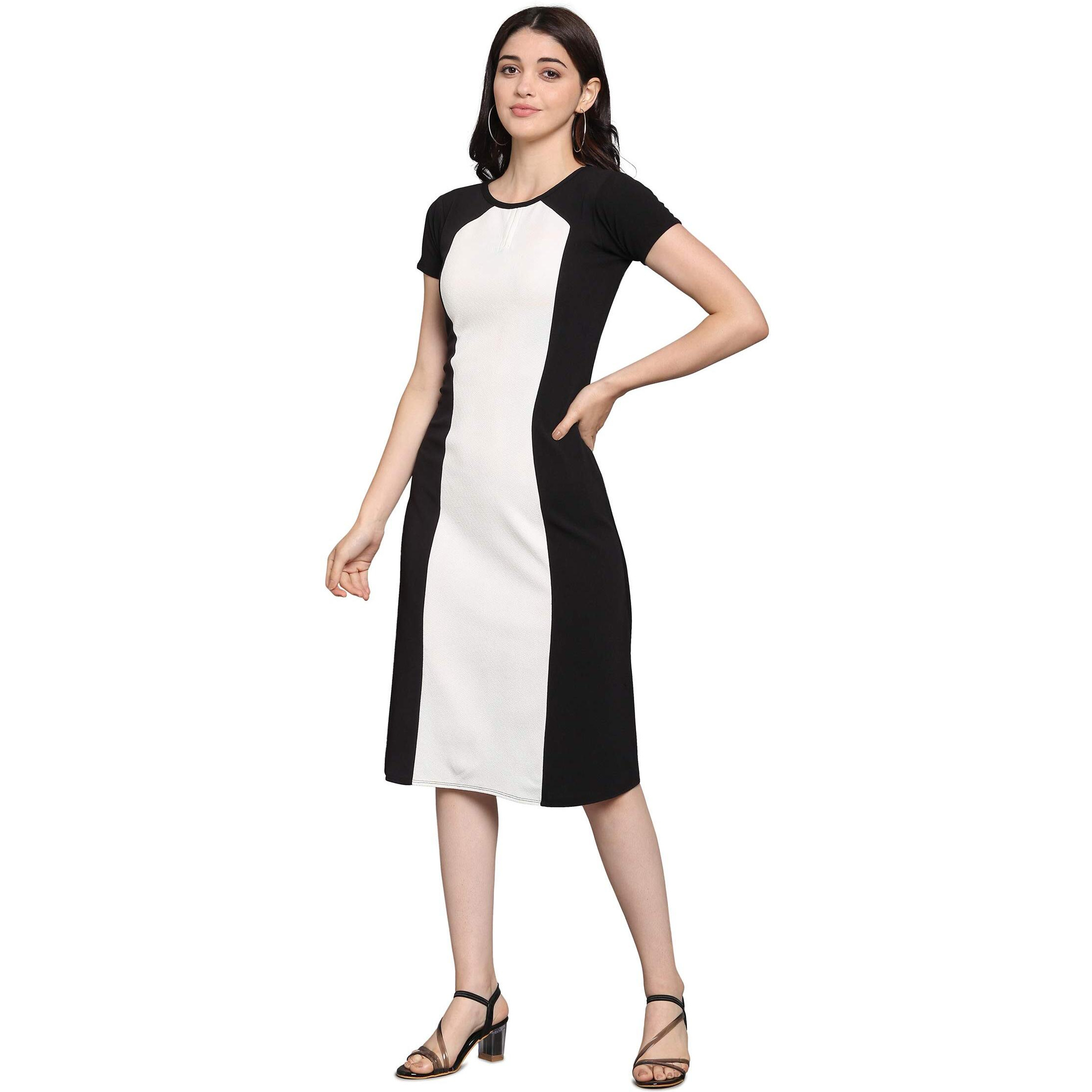 Purvaja Womens Fit & Flare Dress(Lucy-051-Wh-Bl_White-Black_Small)