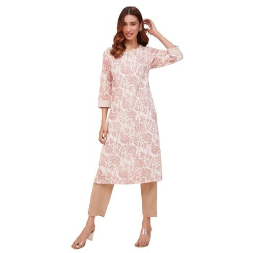 Fabindia Women's Cotton Printed Regular Kurta (1035798Natural- Off White-Red