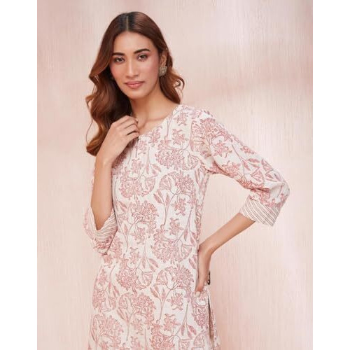 Fabindia Women's Cotton Printed Regular Kurta (1035798Natural- Off White-Red