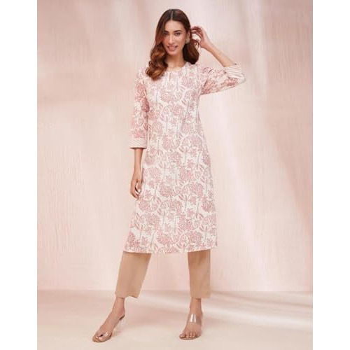 Fabindia Women's Cotton Printed Regular Kurta (1035798Natural- Off White-Red