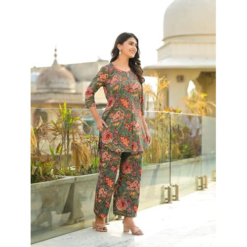 Fabnex Women's Cotton Blend Floral Printed Kurta Set With Palazzo | Ethnic Wear Kurti Pant Set (K-119-120) (Green, S)