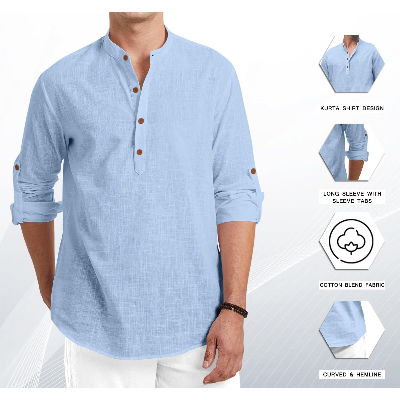 Royalscout Men Cotton Blend Full Sleeve Short Kurta Sky