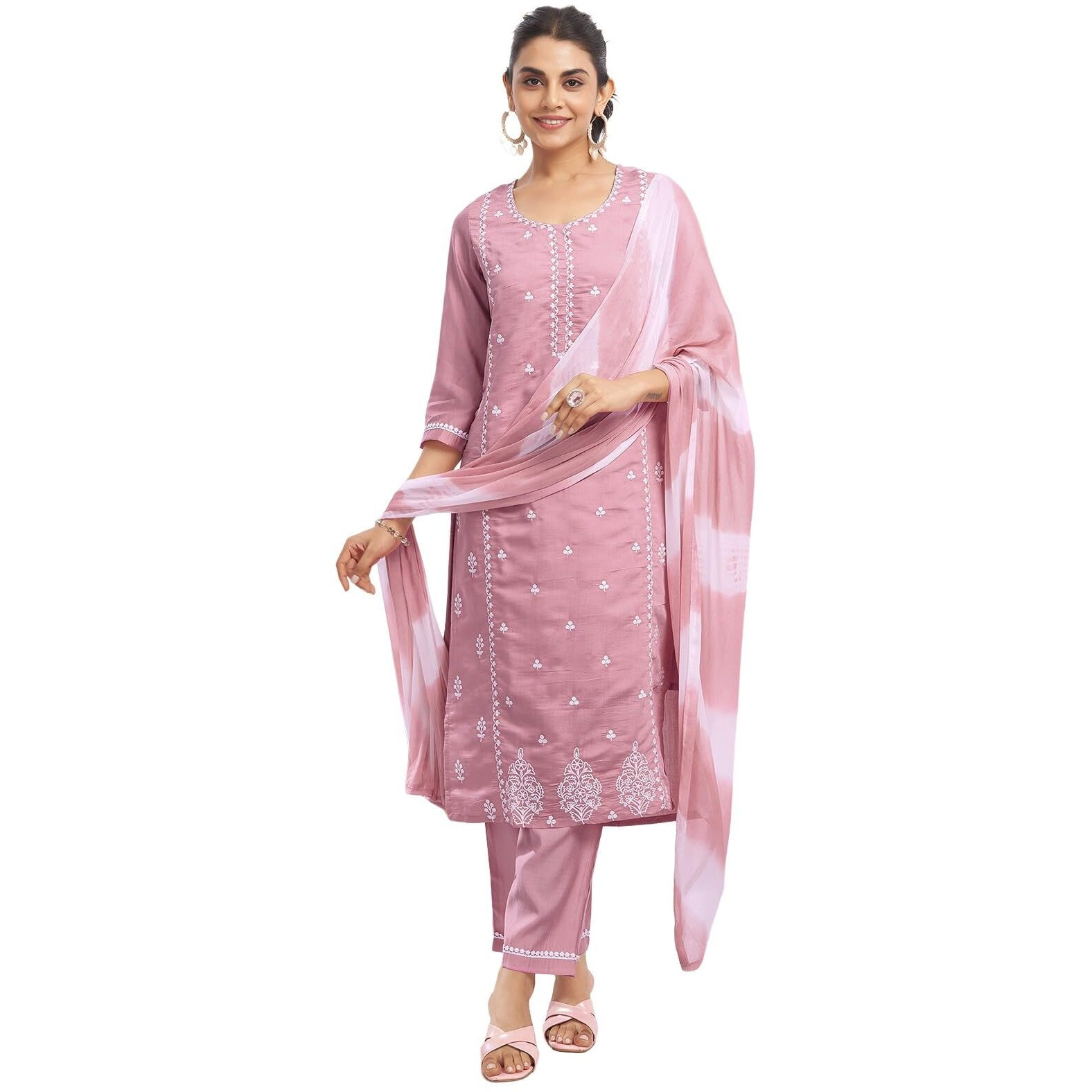 Sanisa Women's Silk Blend Embroidery Work Straight Kurta With Pant And Dupatta Set (210Kbd2224N-L_Pink)