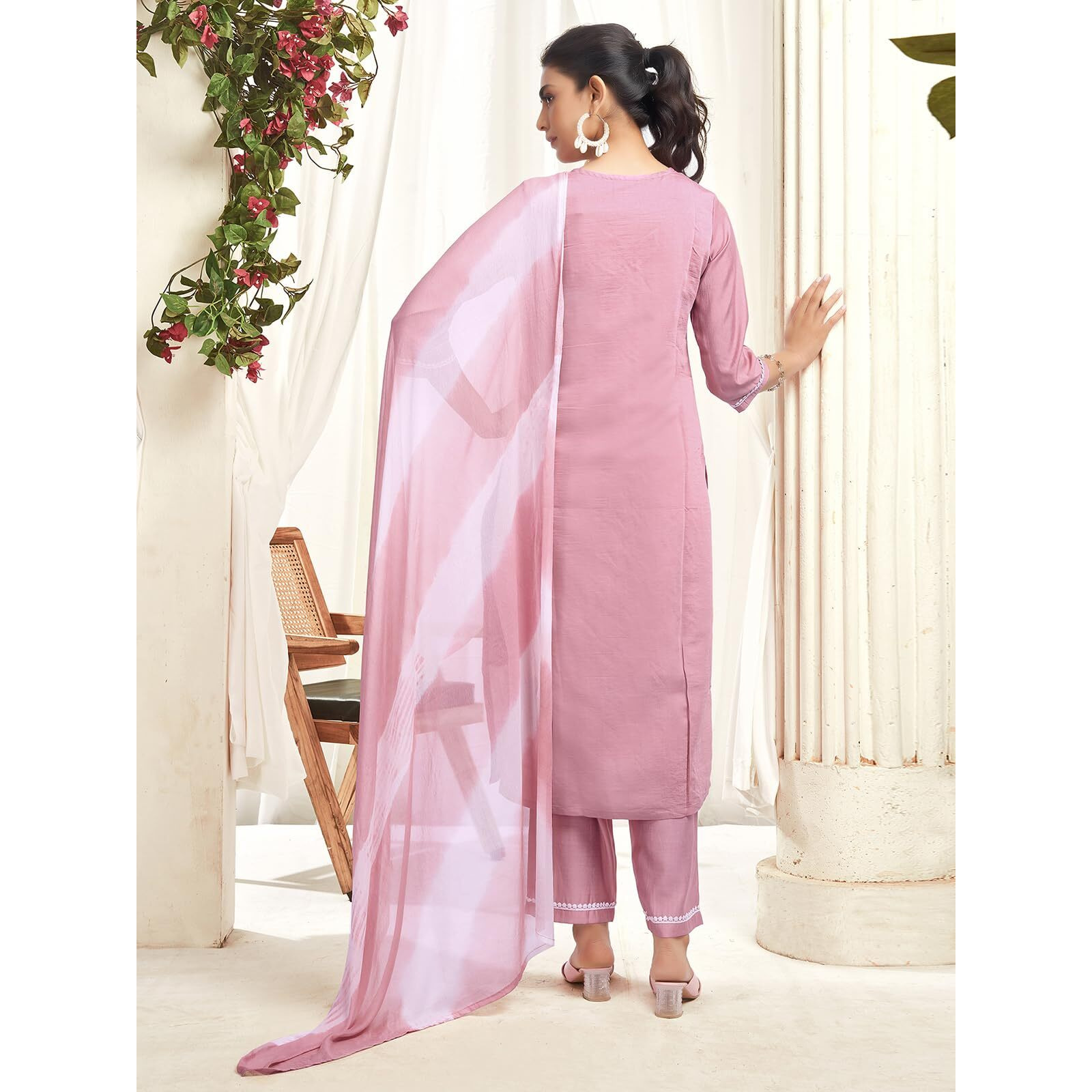 Sanisa Women's Silk Blend Embroidery Work Straight Kurta With Pant And Dupatta Set (210Kbd2224N-L_Pink)