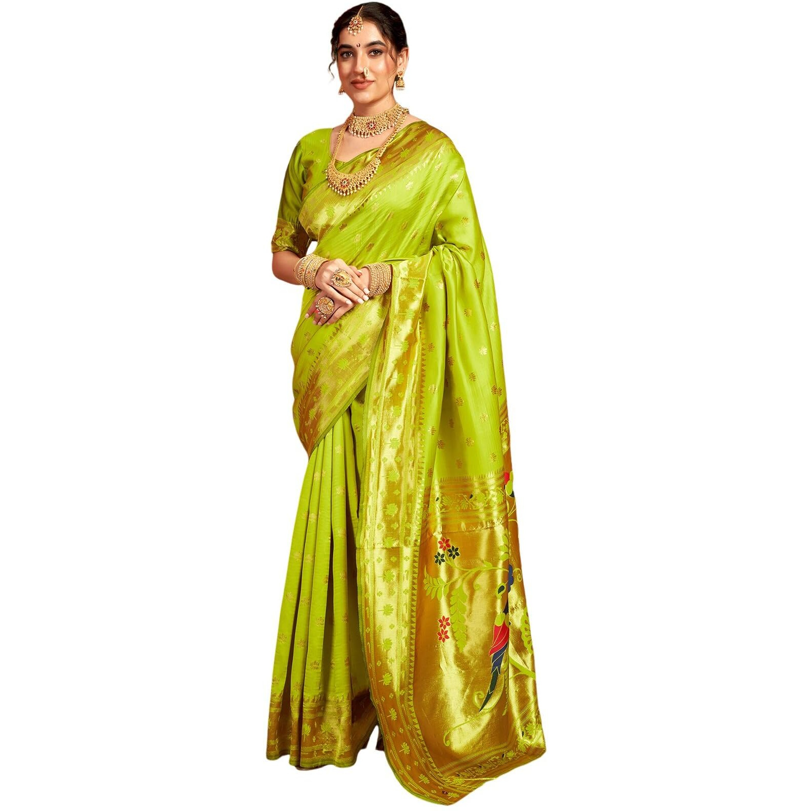 Satrani Women's Silk Paithani Jacquard Weaving Saree With Unstitched Blouse Piece (4046S6297N_Lime Green)