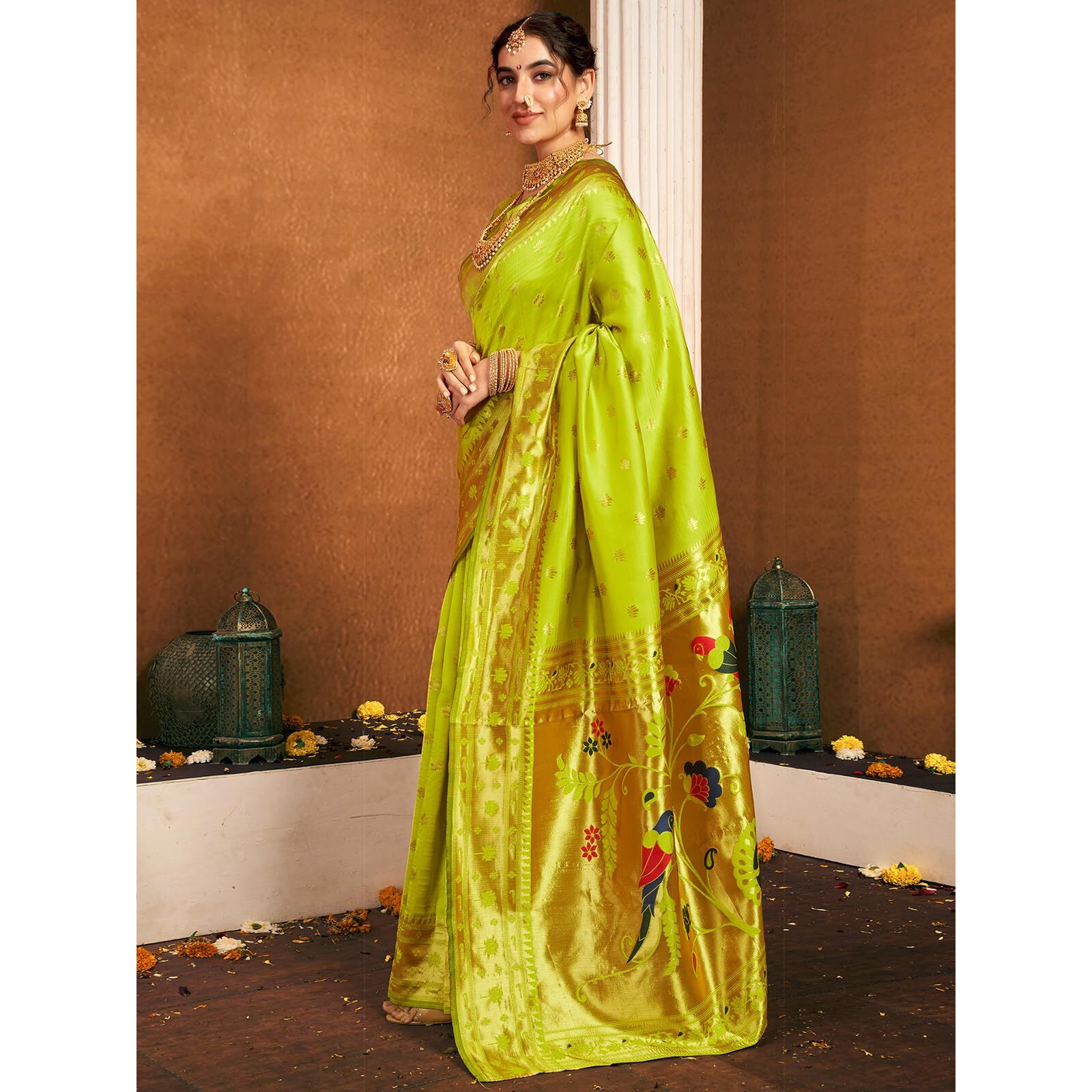 Satrani Women's Silk Paithani Jacquard Weaving Saree With Unstitched Blouse Piece (4046S6297N_Lime Green)