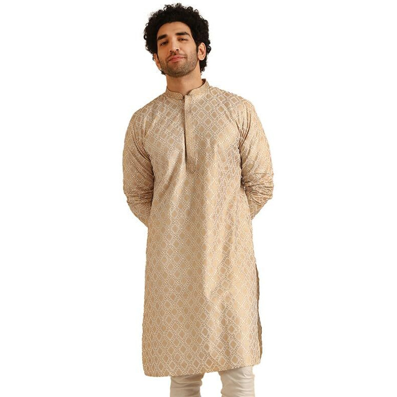 Kisah Men's Kurta, Off White Cotton, Foil Print Regular Fit Mandarin Collar Long Sleeves (38)