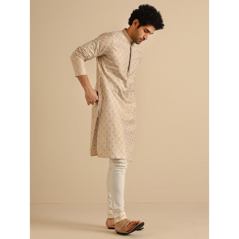 Kisah Men's Kurta, Off White Cotton, Foil Print Regular Fit Mandarin Collar Long Sleeves (38)
