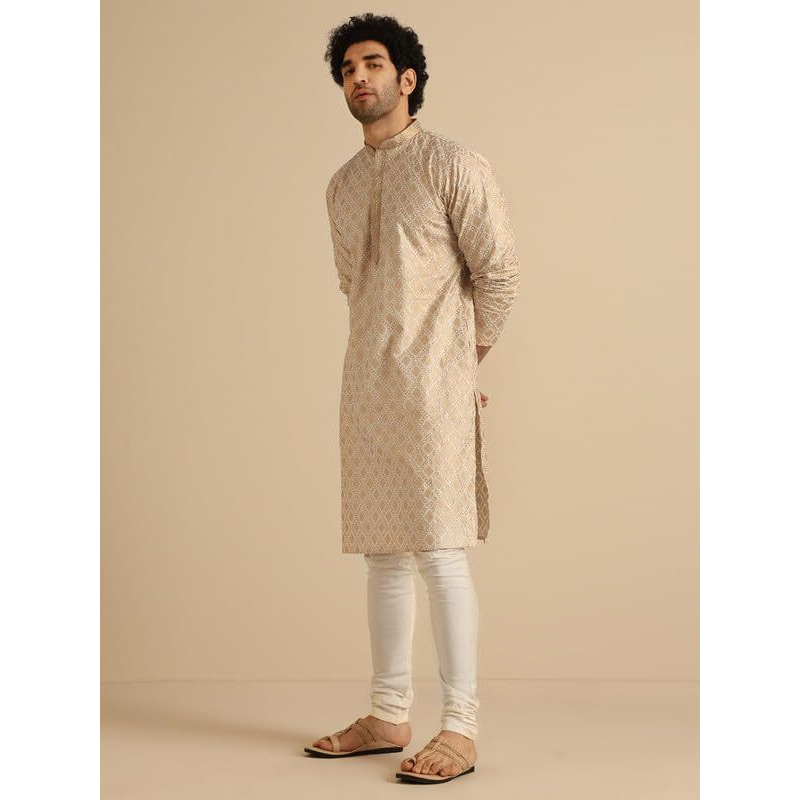 Kisah Men's Kurta, Off White Cotton, Foil Print Regular Fit Mandarin Collar Long Sleeves (38)
