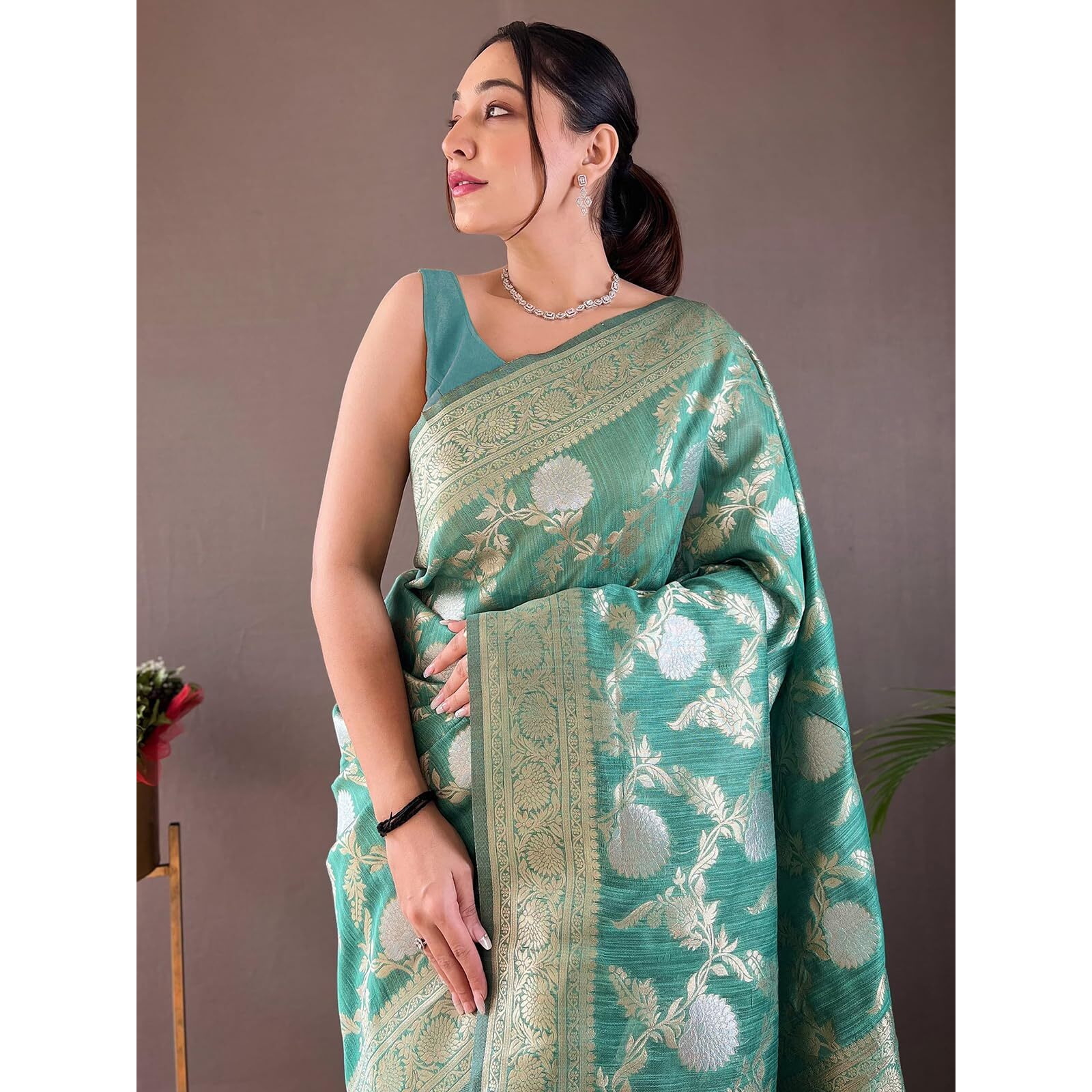 Satrani Women's Silk Blend Banarasi Jacquard Saree With Unstitched Blouse Piece (3834S414N_Turquoise)