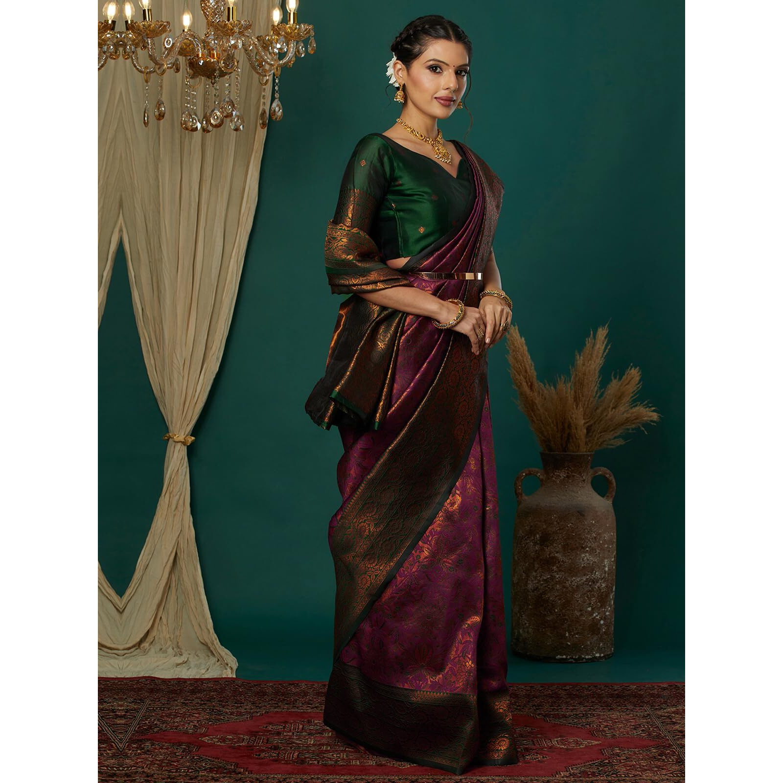 Satrani Women's Silk Blend Weaving Banarasi Saree With Unstitched Blouse Piece (4121S2915N_Wine & Dark Green & Golden)