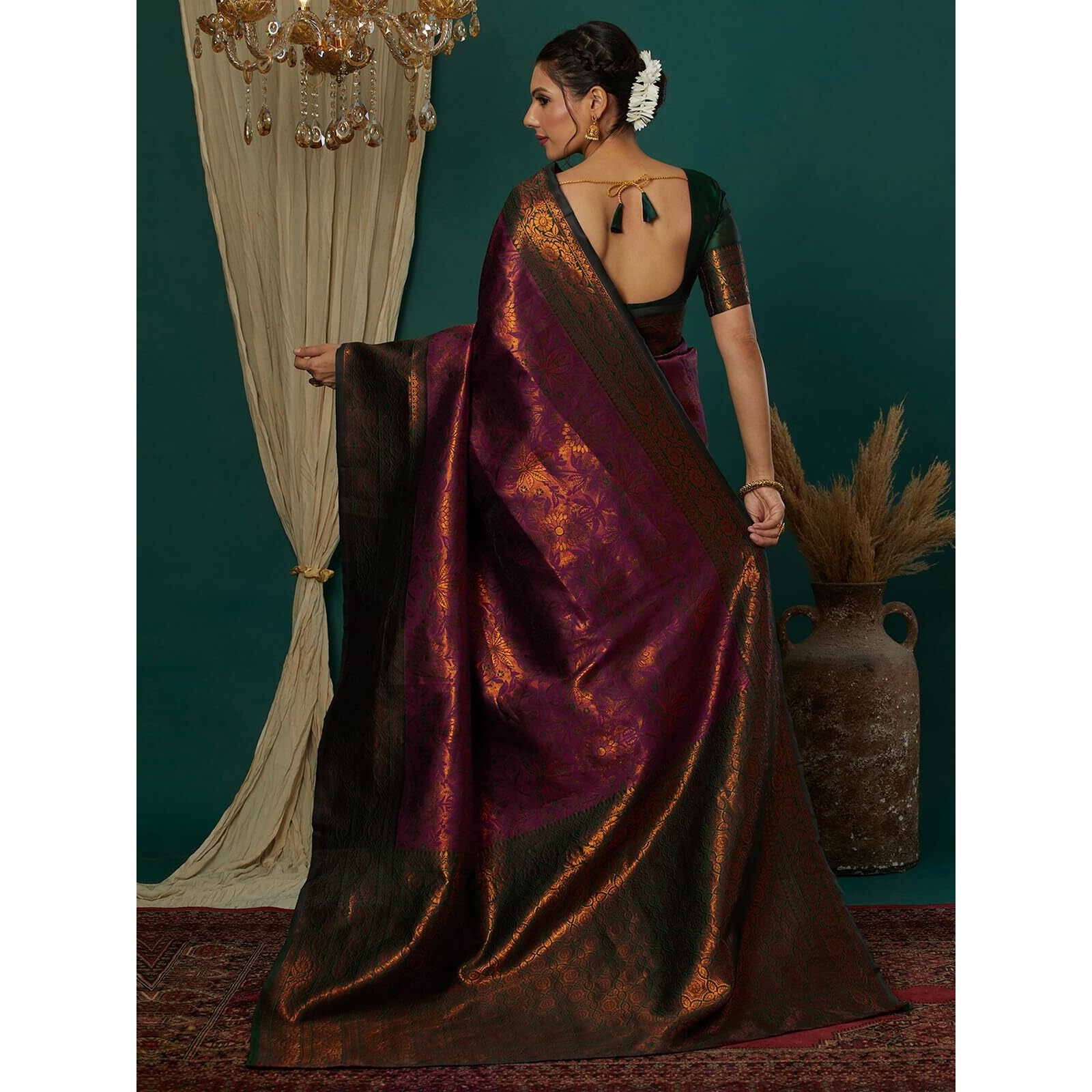 Satrani Women's Silk Blend Weaving Banarasi Saree With Unstitched Blouse Piece (4121S2915N_Wine & Dark Green & Golden)