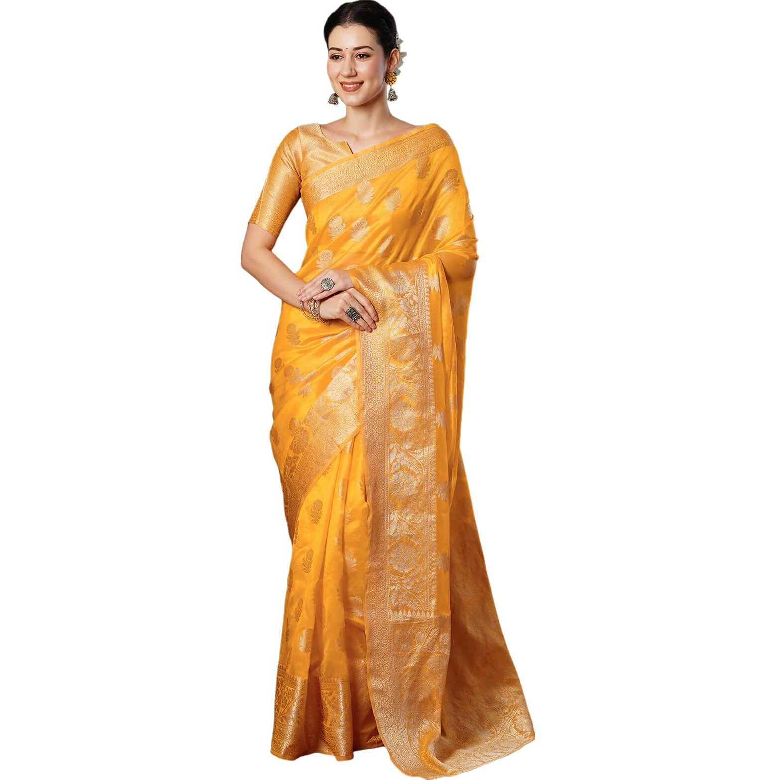Satrani Women's Banarasi Jacquard Kanjivaram Silk Blend Saree With Unstitched Blouse Piece (3747S458N_Yellow & Golden)